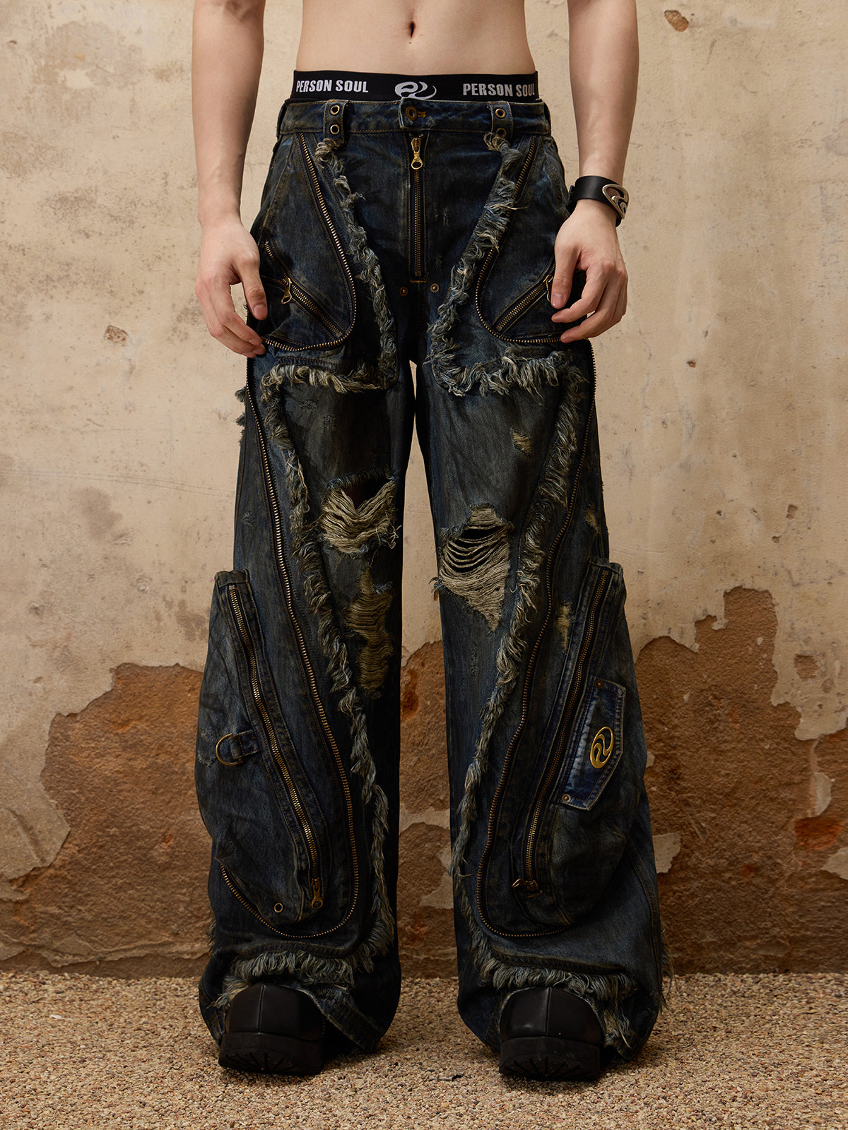 メンズPersonsoul Patchwork Leather Denim Jeans