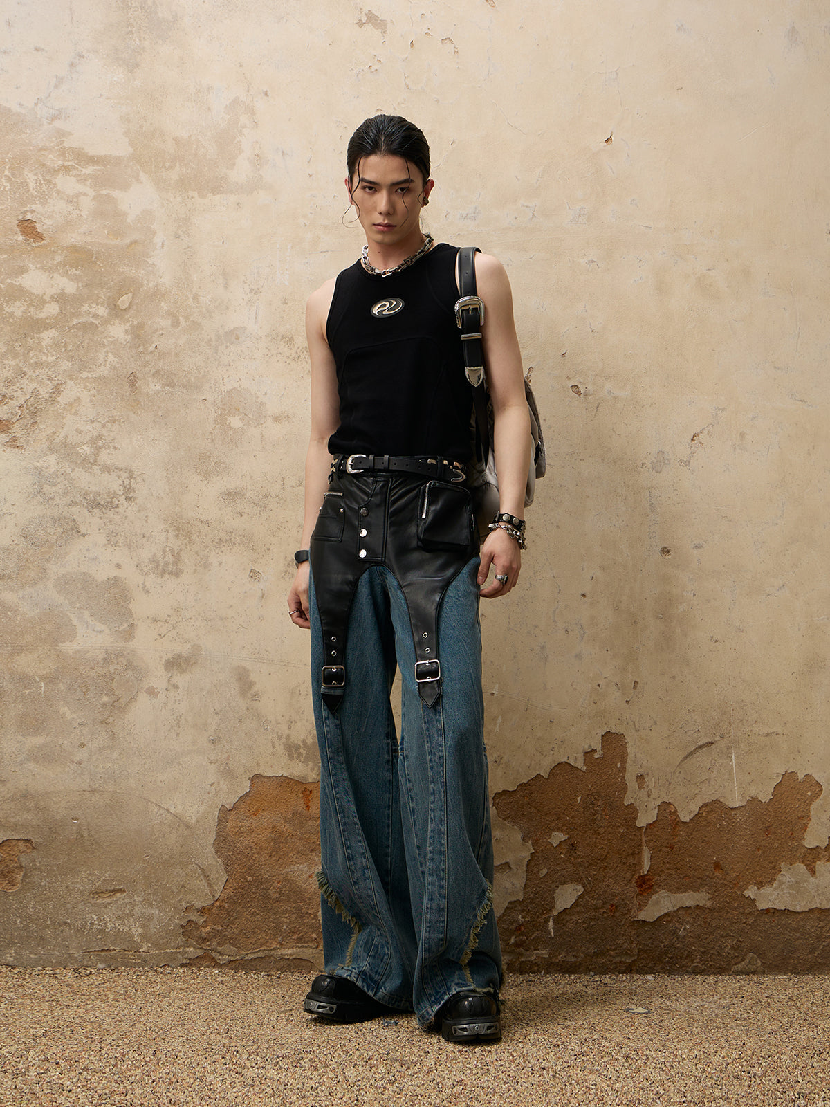Personsoul Patchwork Leather Denim Jeans - デニム/ジーンズ