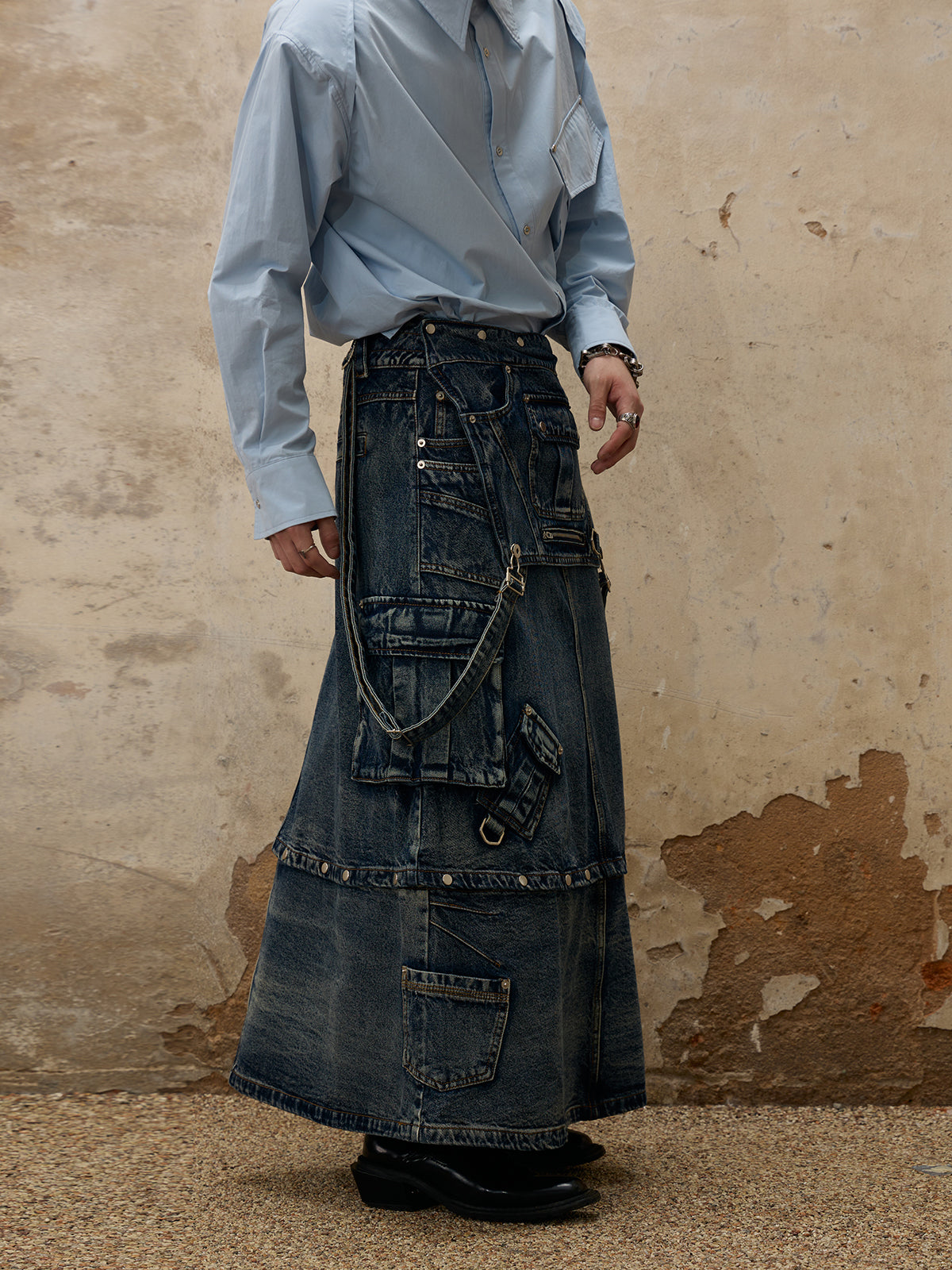  Maxi Denim Dungarees Skirt