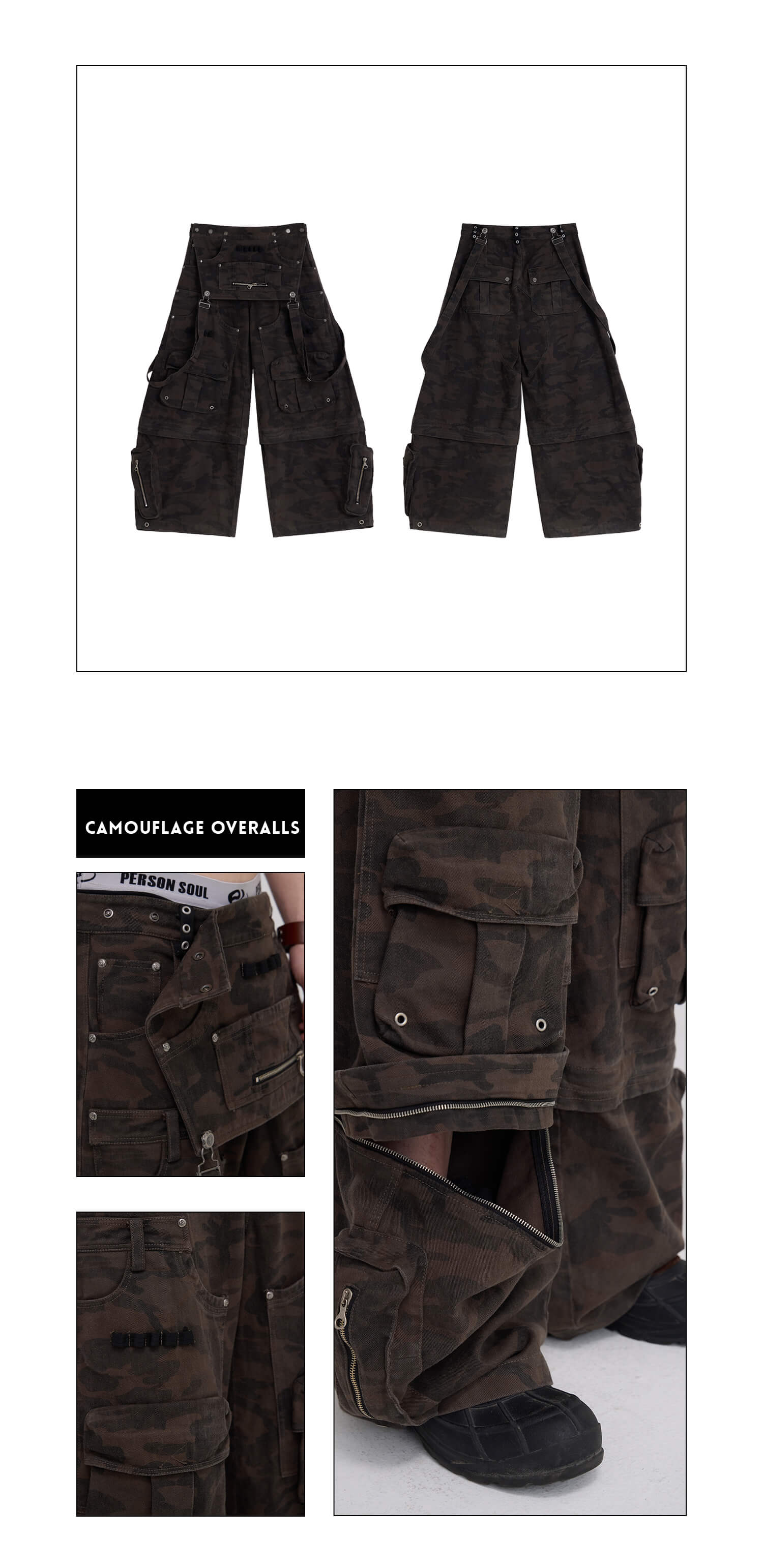 Black Camouflage Overalls with Zip-Off Legs