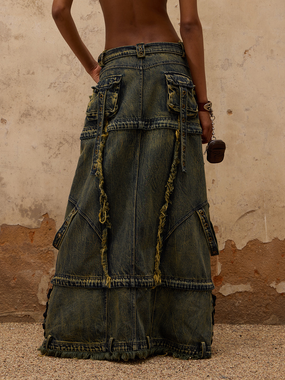 Three-Stage Maxi Washing Denim Skirt