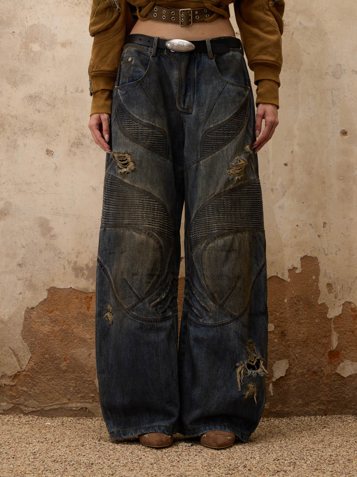 Personsoul Patchwork Leather Denim Jeans