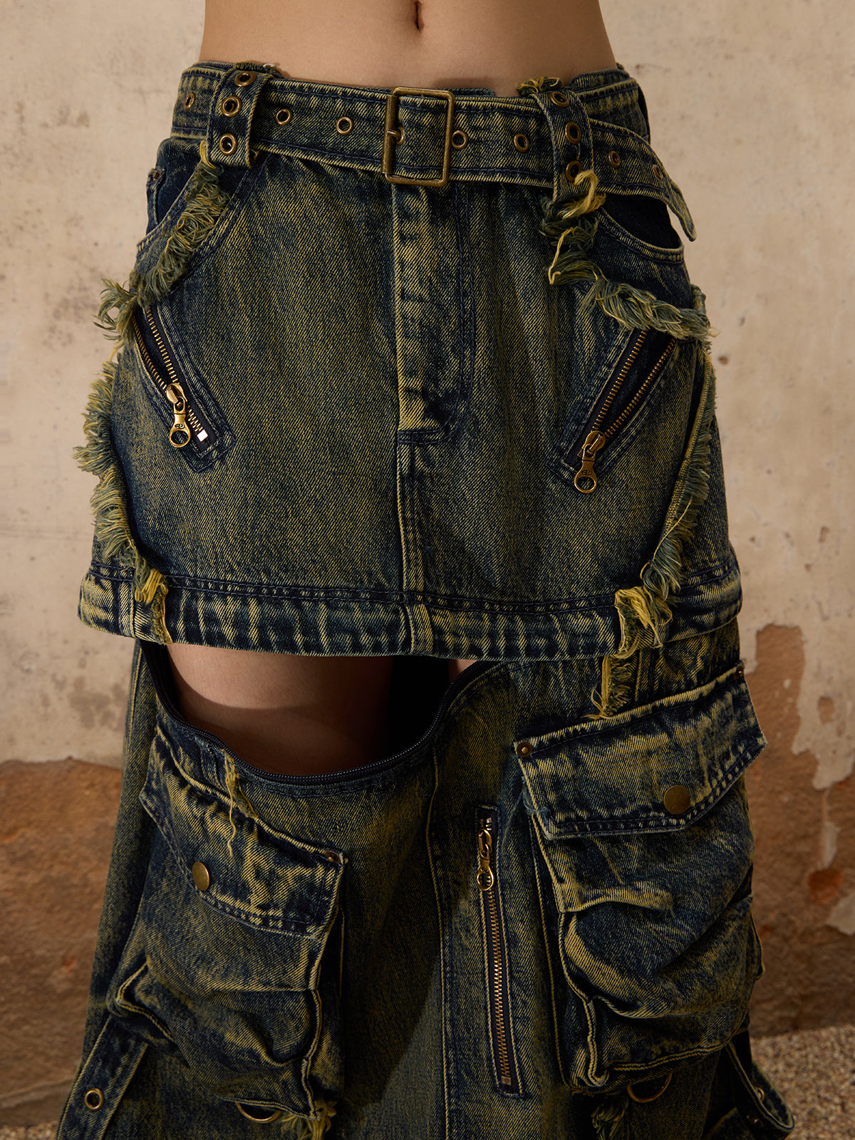 Three-Stage Maxi Washing Denim Skirt