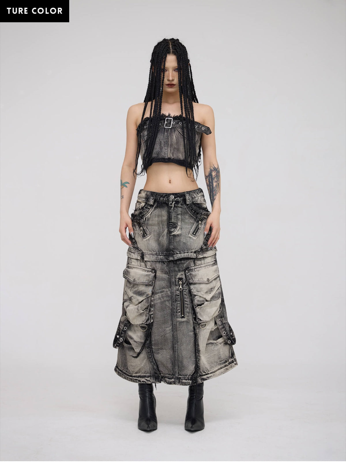 Three-Stage Faded Maxi Denim Skirt