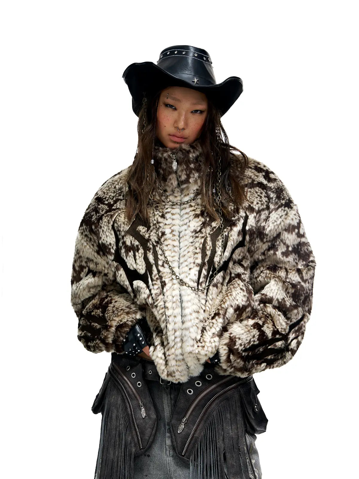 Personsoul Snake Print Faux Fur Jacket