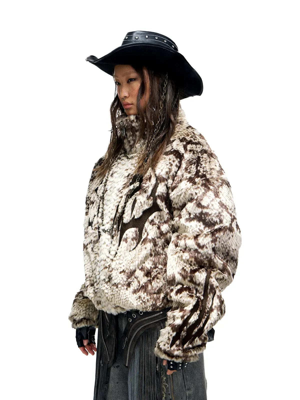 Personsoul Snake Print Faux Fur Jacket