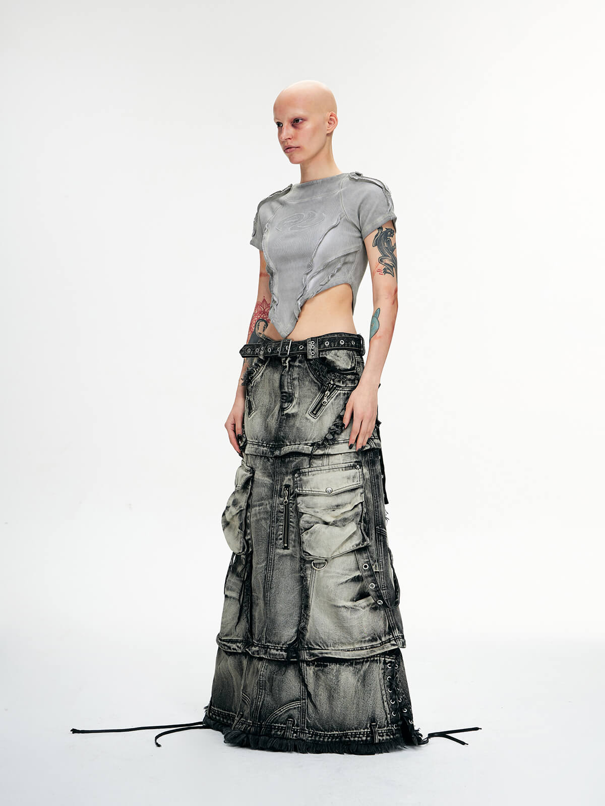 Three-Stage Faded Maxi Denim Skirt