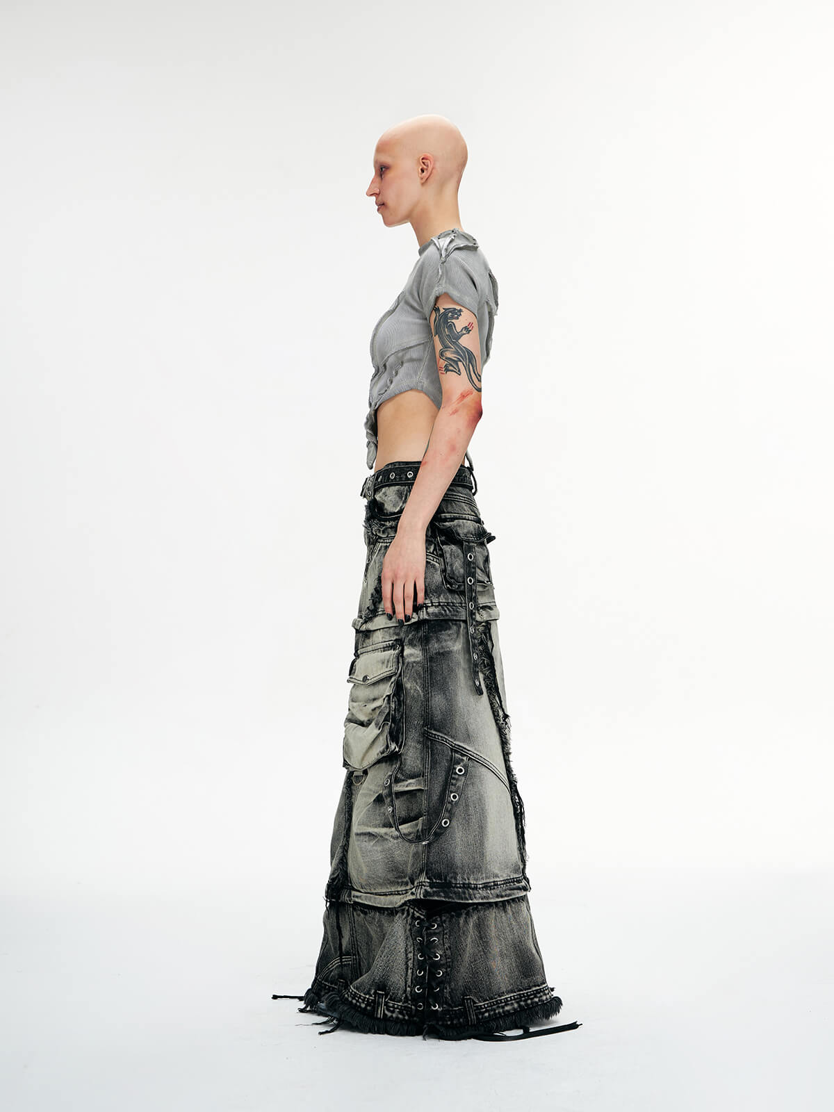 Three-Stage Faded Maxi Denim Skirt