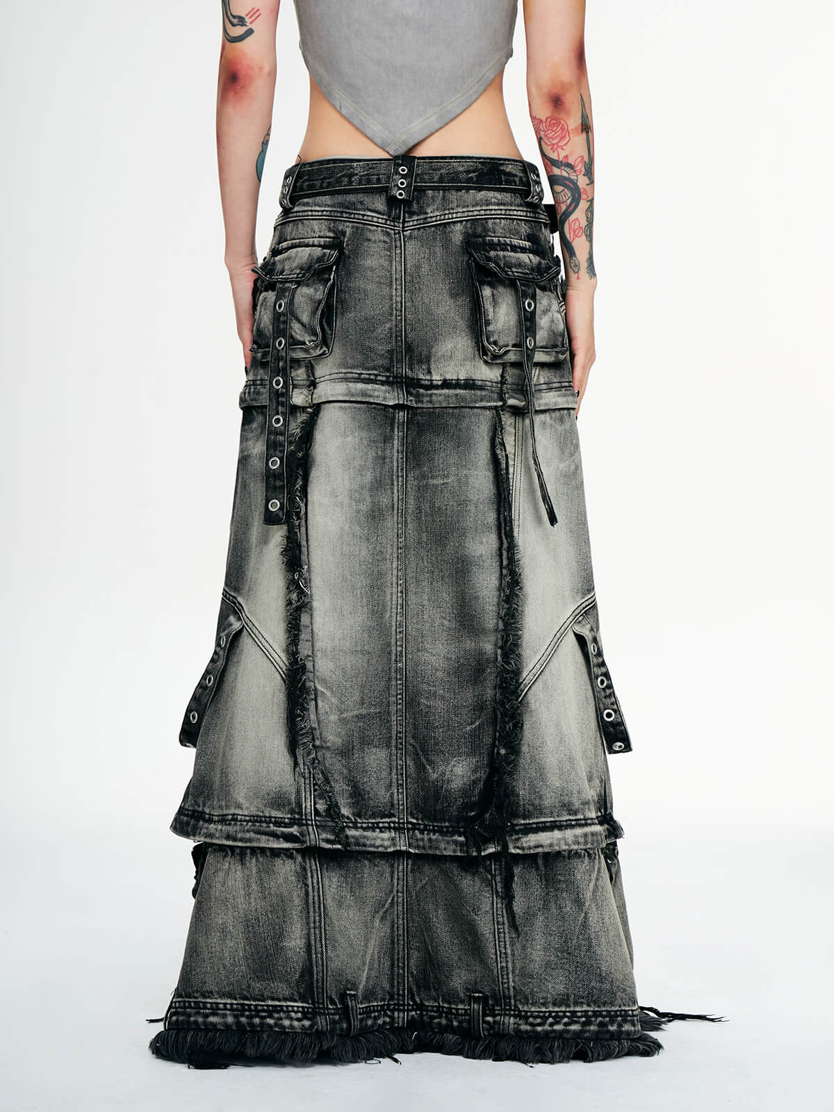 Three-Stage Faded Maxi Denim Skirt