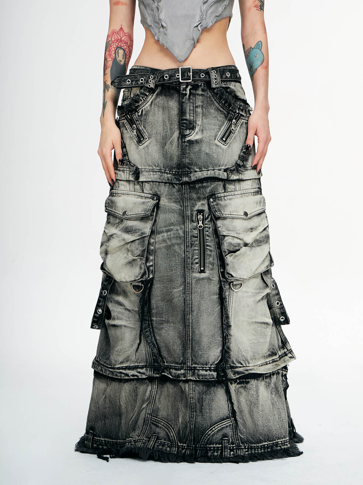 Three-Stage Faded Maxi Denim Skirt